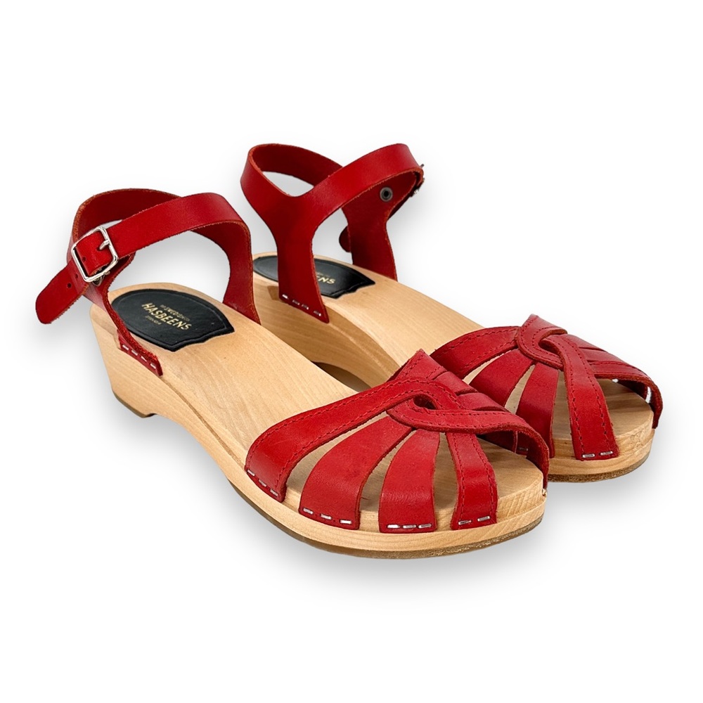 Swedish Hasbeens Magdalena Wooden Sole Red Leather Sandals